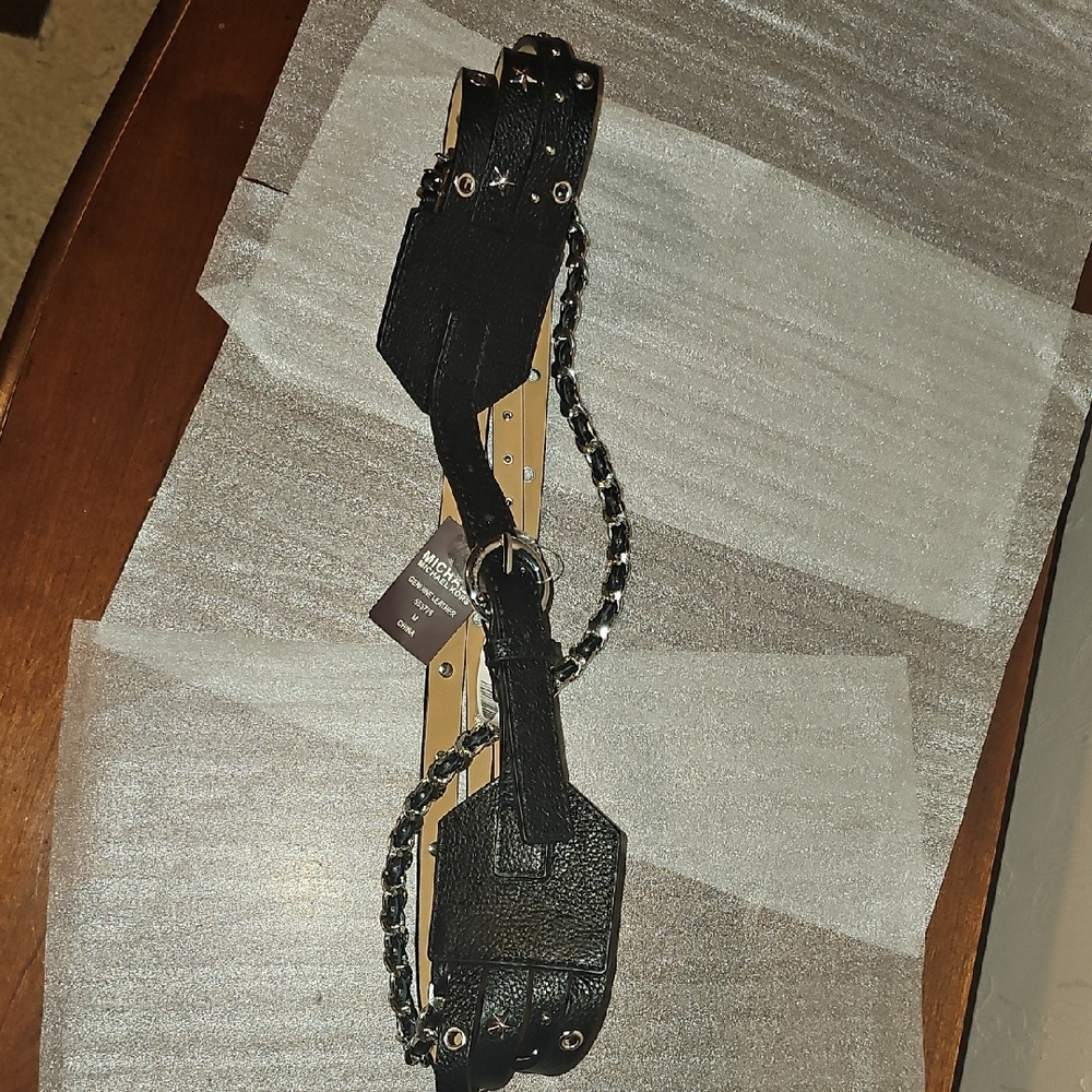 Michael Kors Black Leather Belt with Chain Detail